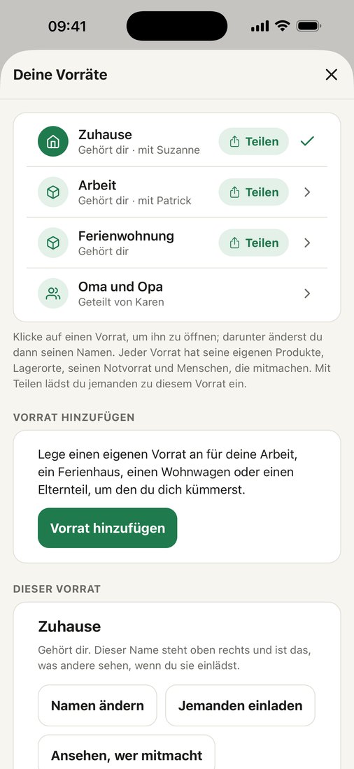 Das Blatt Deine Vorräte mit Zuhause, Arbeit, Ferienwohnung und einem geteilten Vorrat.